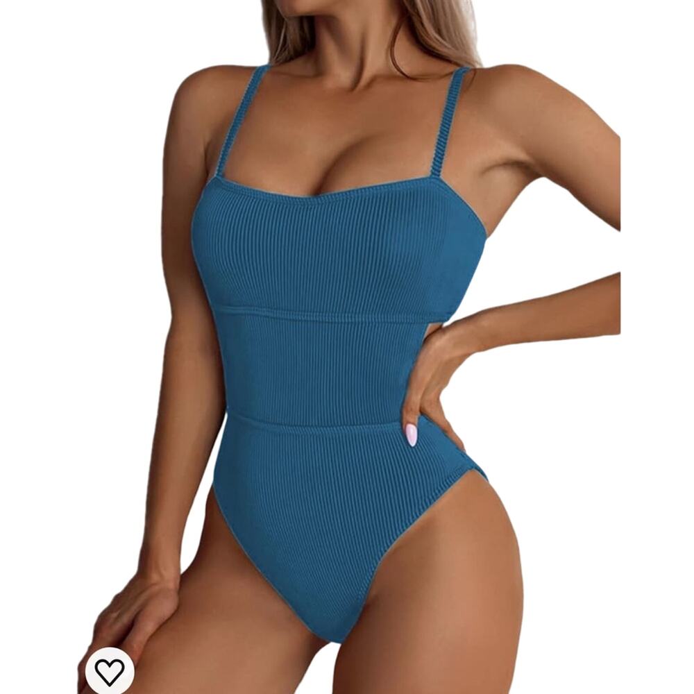 Hilinker Cyan Blue Ribbed one piece Swimsuit with Side Cutouts Woman Size Medium
